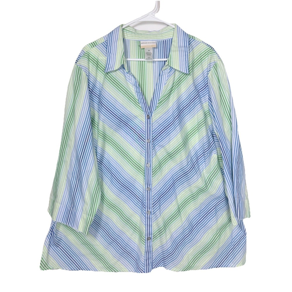 Alfred Dunner‎ 3X Chevron Stripe Button Down Shirt Blue Green Roll Tab Tunic Top